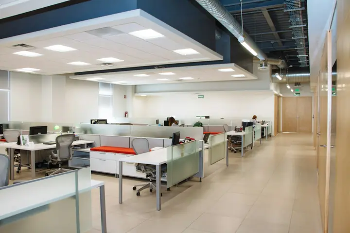 Open-plan office with rows of desks