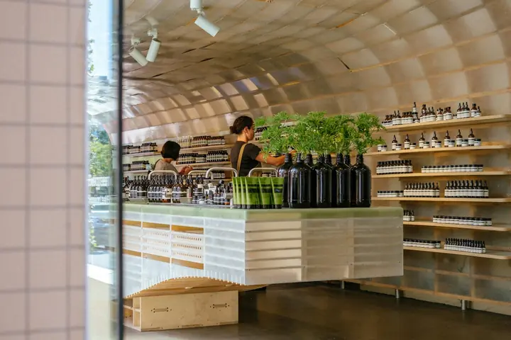 Retail store with wooden shelving and displays