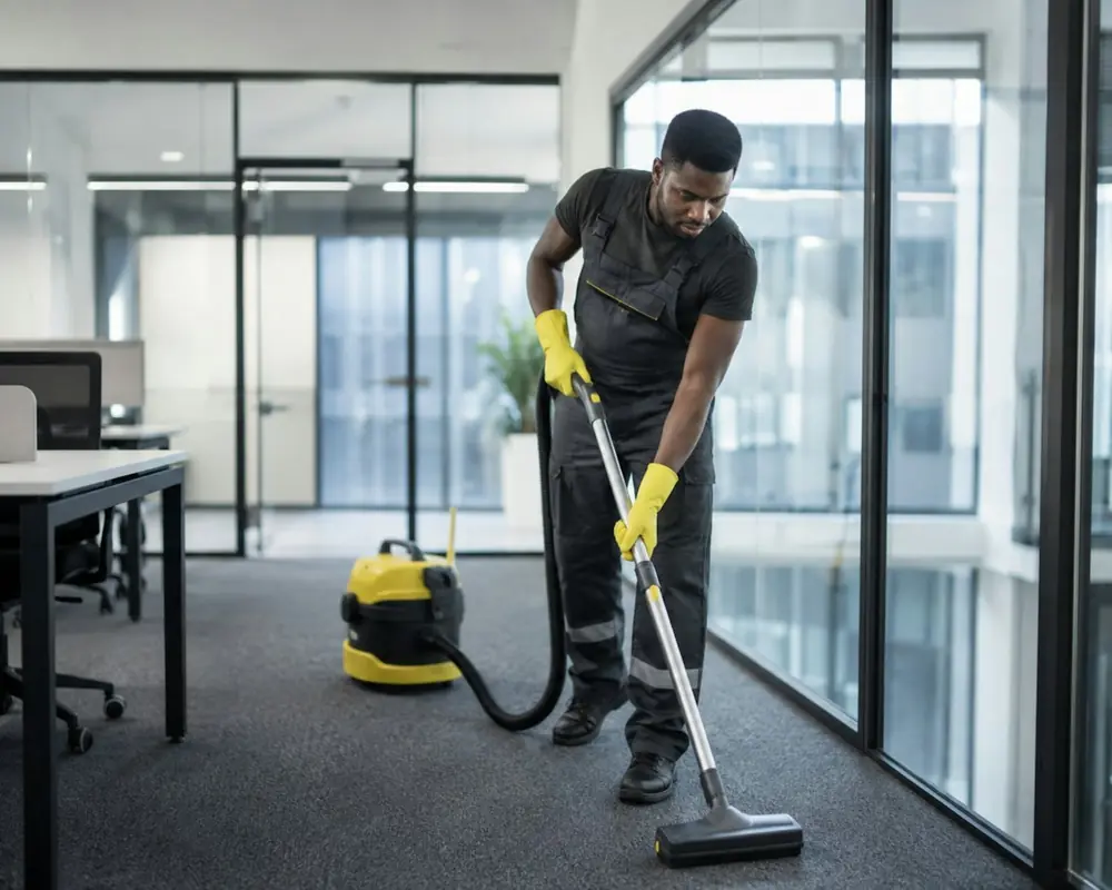 Cleaner vacuuming the carpet in an open-plan office